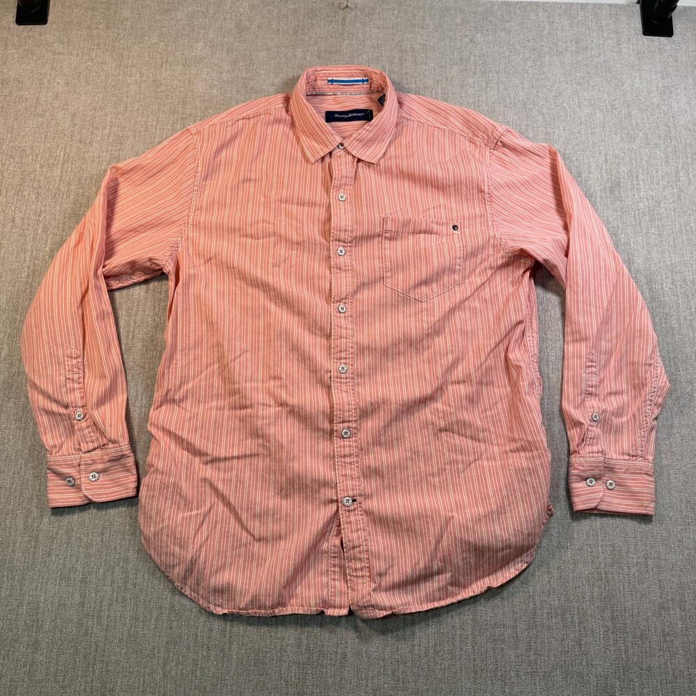 Tommy Bahama Mens Large Salmon Pink Striped Tencel Cotton Button Down Shirt